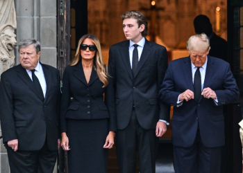 Barron Trump (2nd from right) is seen with his parents and grandfather in Palm Beach, Florida, in January 2024 during his grandmother's funeral / ©AFP