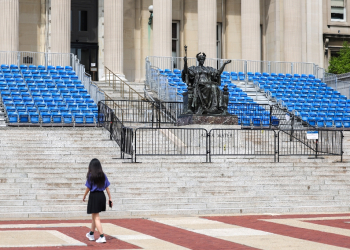 A student walks inside Columbia University in New York City on May 6, 2024. Columbia, the prestigious New York university at the heart of US campus protests against the war in Gaza, announced Monday that it has canceled the main ceremony for graduating students next week / ©AFP