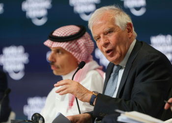 EU foreign policy chief Josep Borrell speaks next to Saudi Foreign Minister Prince Faisal bin Farhan at a World Economic Forum meeting in Riyadh on April 28, 2024. ©AFP